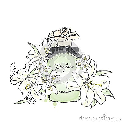 Perfume bottle and flowers. Vector Illustration