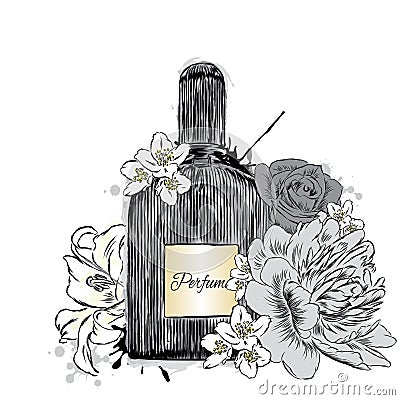 Perfume bottle and flowers. Vector Illustration