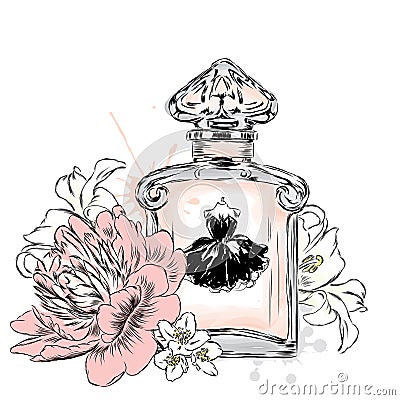 Perfume bottle and flowers. Vector Illustration