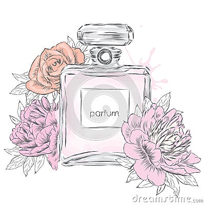 Perfume bottle and flowers. Vector . Perfume bottle and flowers Vector Illustration