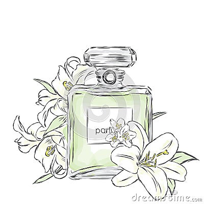 Perfume bottle and flowers. Vector . Print on a postcard, poster or clothing. Vector Illustration