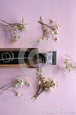 Perfume Bottle and Gypsophila Flowers Editorial Stock Photo