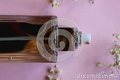 Perfume Bottle and Gypsophila Flowers Stock Photo