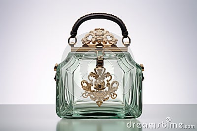 a perfume bottle inside an open handbag, positioned on a white background Stock Photo