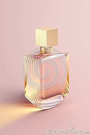 Perfume bottle on pink background, close-up. Gold cap, transparent glass container. Beauty concept. Image is generated of an AI. Stock Photo