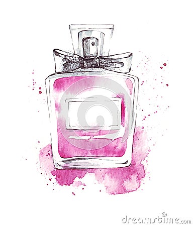 Perfume bottle pink glass fragrance watercolor illustration, fashion sketch, art print Cartoon Illustration