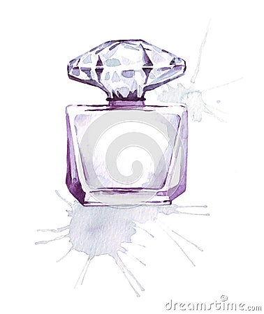 Perfume bottle violet glass fragrance watercolor illustration, fashion sketch, art print Cartoon Illustration