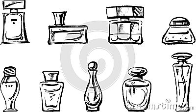 Vector drawing of various perfume bottles in the style of sketch.