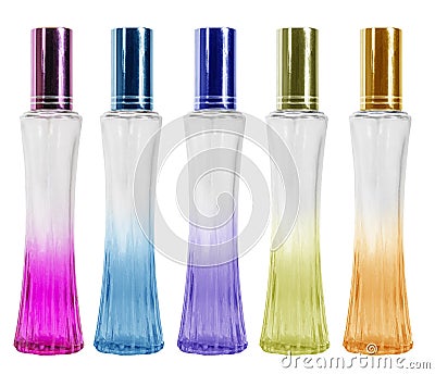 Perfume bottles are available in many colors on white. Stock Photo