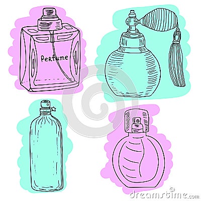 Perfume bottles with colorful brushstrokes. Vector set. Vector Illustration