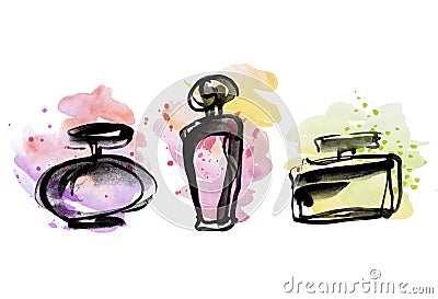 Perfume bottles group sketch. Cartoon Illustration