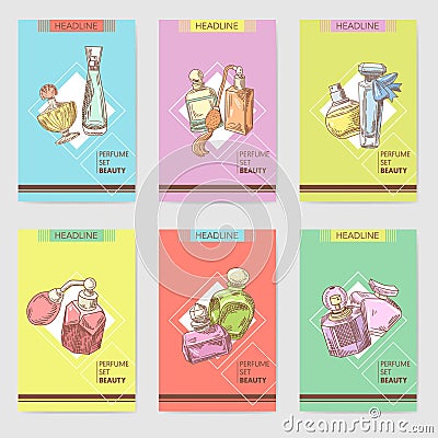 Perfume Bottles Hand Drawn Cards Template. French Aroma. Woman Beauty Shop Leaflet Vector Illustration