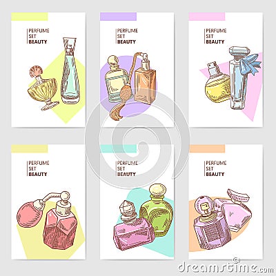 Perfume Bottles Hand Drawn Cards Template. French Aroma. Woman Beauty Shop Leaflet Vector Illustration