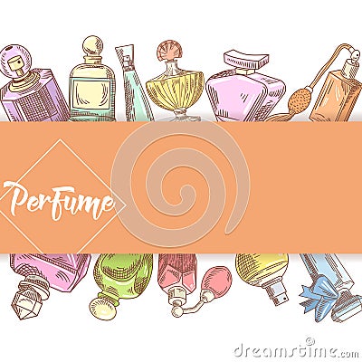 Perfume Bottles Hand Drawn Doodle. French Aroma. Woman Beauty Shop Design Vector Illustration