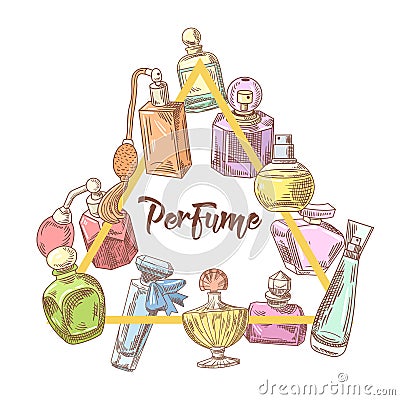 Perfume Bottles Hand Drawn Doodle. French Aroma. Woman Beauty Vector Illustration