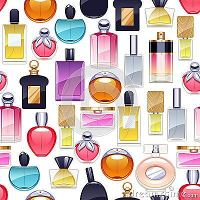 Perfume bottles icons seamless pattern. Eau de parfum. Vector Illustration