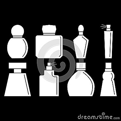 Perfume bottles isolated icons set on black background with fragrance, spray and scense. Vector illustration. Clipart and drawing. Vector Illustration