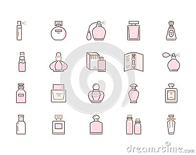 Perfume bottles line icons. Vector illustration included icon as glass sprayer, luxury parfum sampler, essential oil Vector Illustration