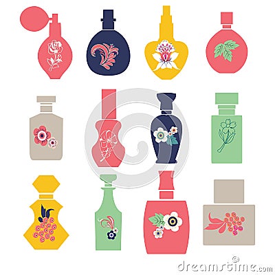 perfume bottles silhouette with herbs and flowers Vector Illustration