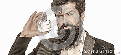 Perfume or cologne bottle, perfumery, cosmetics, scent cologne bottle, male holding cologne Stock Photo