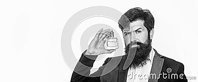 Perfume or cologne bottle and perfumery, scent cologne bottle, male holding cologne. Masculine perfume, bearded man in a Stock Photo