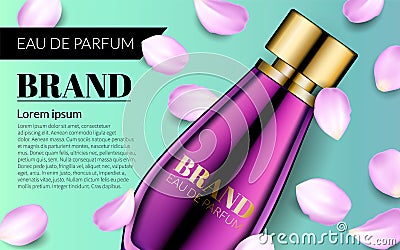 Perfume Contained in Glass Mock up with Falling petals Flowers Background. Woman Glamour Pink Rose Water Spray Bottle Vector Illustration
