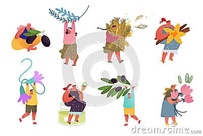 Perfume Creation and Olive Pure Oil Producing Set Isolated on White Background. Tiny Male and Female Characters Vector Illustration