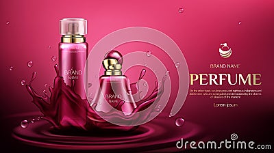 Perfume deodorant bottles on water splash backdrop Vector Illustration