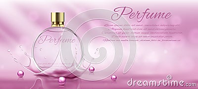 Perfume glass bottle light pink package design on pink background with glittering bokeh elements Vector Illustration