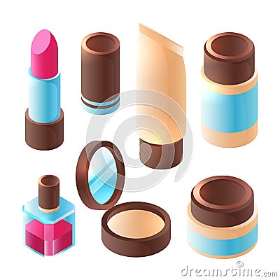 Perfume isometric. Dimension false nails brush eyeshadows makeup colorful mask cream lips palette color vector beauty Vector Illustration