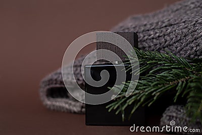 Perfume, Men`s perfume or lation After shave on a brown background next to a men`s sweater and Needles, Spruce, Luxury, Gift. Stock Photo