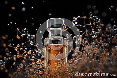 Perfume pheromones on colorful molecules background. Molecular perfumes increase irresistibility. Pheromone colognes are scented Stock Photo