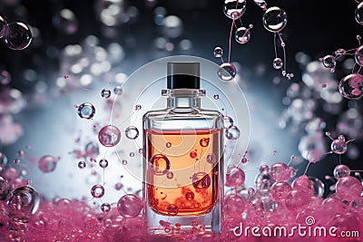 Perfume pheromones on colorful molecules background. Molecular perfumes increase irresistibility. Pheromone colognes are scented Stock Photo