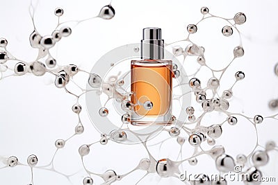 Perfume pheromones on white molecules background. Molecular perfumes increase irresistibility. Pheromone colognes are scented or Stock Photo