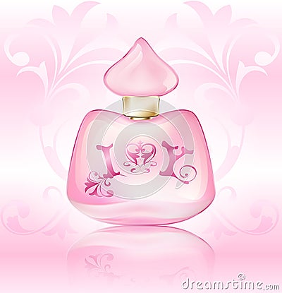 Perfume pink advertising bottle with a heart and floral ornament on a vintage patterned background Vector Illustration