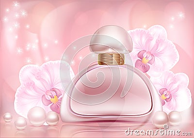 Perfume pink advertising bottle with orchids and pearls with a floral ornament on a vintage patterned Vector Illustration