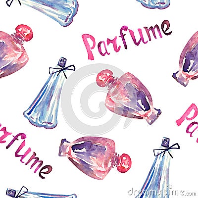 Perfume pink and blue bottles, hand painted watercolor illustration, inscription `Parfume` in French, seamless pattern Cartoon Illustration