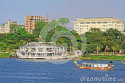 Hue Perfume River Riverbank And Tourist Boat, Vietnam Editorial Stock Photo