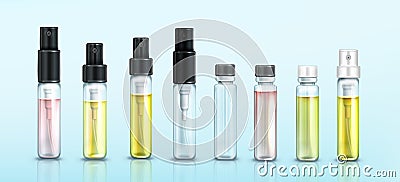 Perfume sample bottles small vials, mockup set Vector Illustration