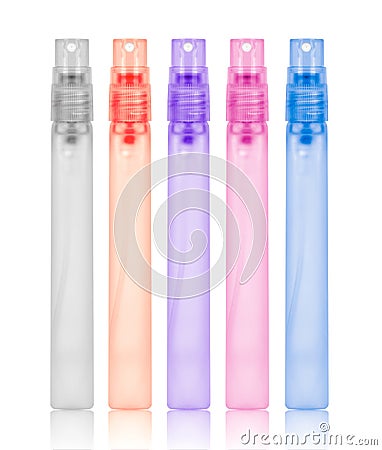 Perfume samples with different flavors on white Stock Photo