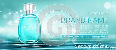 Perfume spray bottle mock up banner. Glass flask Vector Illustration