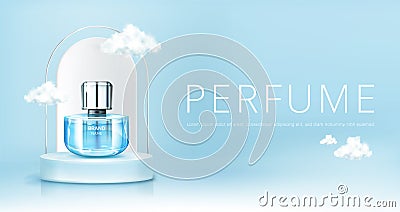 Perfume spray bottle on podium with clouds banner Cartoon Illustration