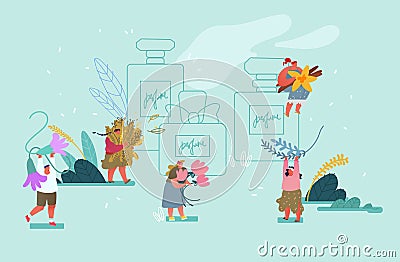 Perfumery Composition Creation. Tiny Male and Female Perfumers Create New Perfume Fragrance. People Bring Aroma Vector Illustration