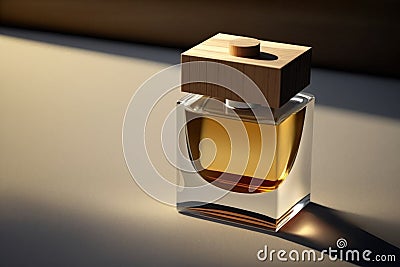 Perfumery. Minimal composition with perfume bottle on the table. Created with Generative AI technology Stock Photo