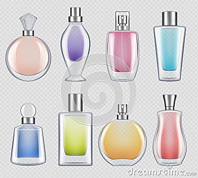 Perfumes bottles. Realistic luxury good smell for female in glass bottles decent vector mockup collection Cartoon Illustration