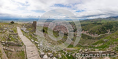 Pergamon Ancient City - Temple of Athena, Theater and Bergama Stock Photo