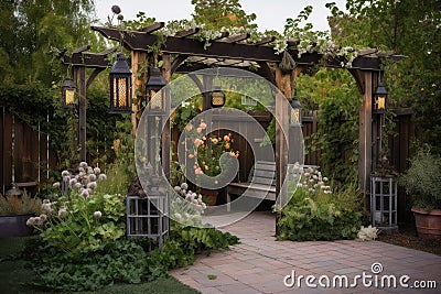 pergola with flowering vines and rustic lanterns Stock Photo