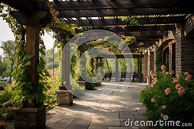 pergola with flowering vines and rustic lanterns Stock Photo