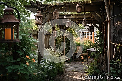 pergola with flowering vines and rustic lanterns Stock Photo