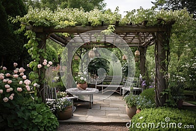 pergola with flowering vines and rustic lanterns Stock Photo